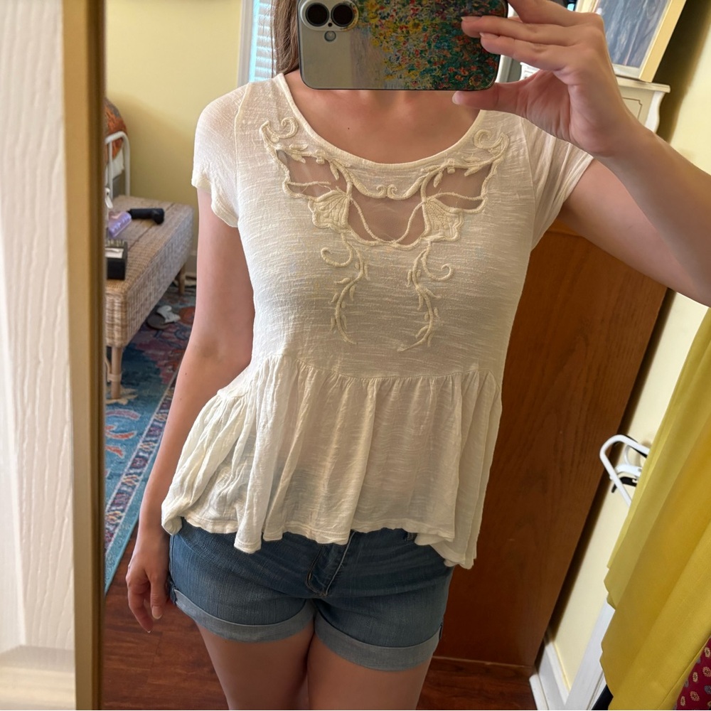 Free People peplum embroidered lace detail short sleeve top